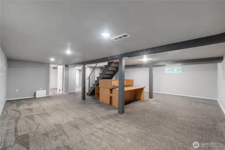 Rec Room with door to laundry on left and door to basement mud room on right.