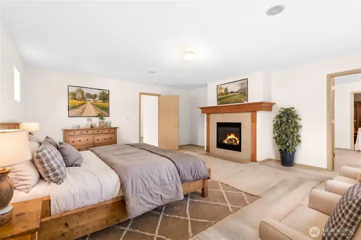 Large owners suite with fireplace, spacious bath and super size closet with built ins.  Virtually Staged