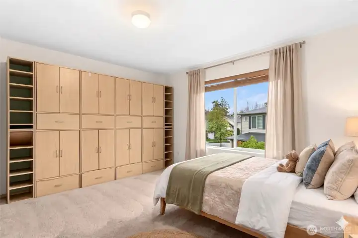 2nd bedroom from a different angle showing the shelving   Virtually staged