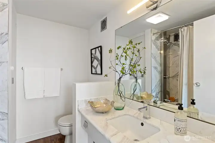 Primary bathroom— A full bathroom with tub, single vanity with modern fixture and a linen cabinet.