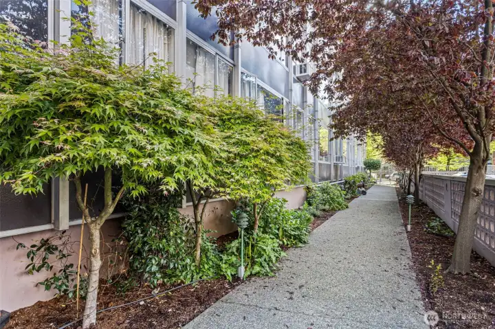 The back of the building offers a retreat to sit amongst the shrubs and trees, or just take your dog for a walk.