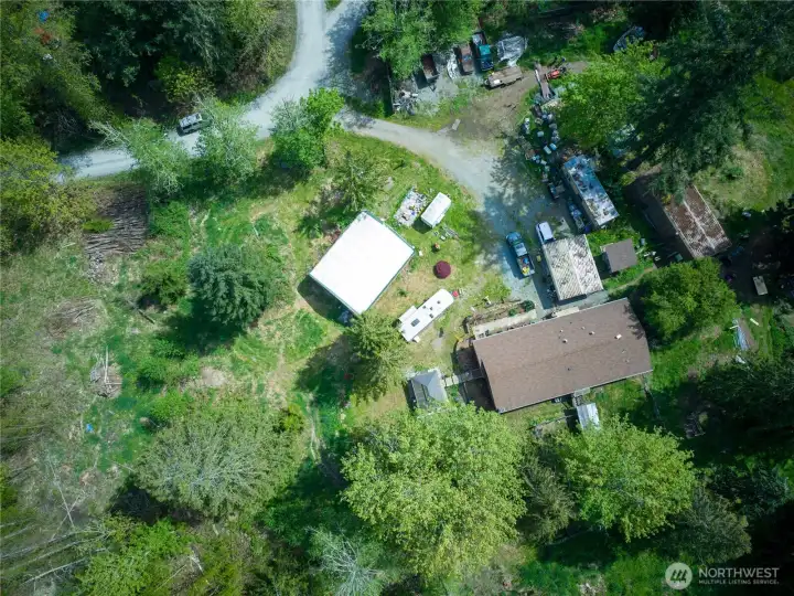 Drone view of house and front yard area