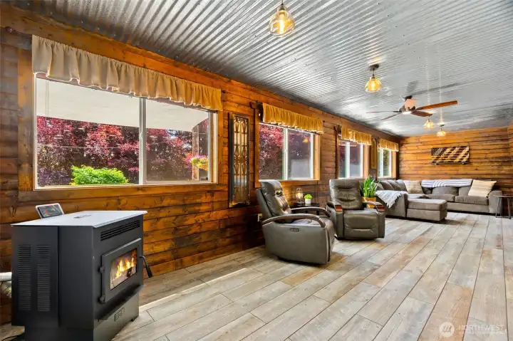 Views of healthy, decorative trees and shrubs from living room windows