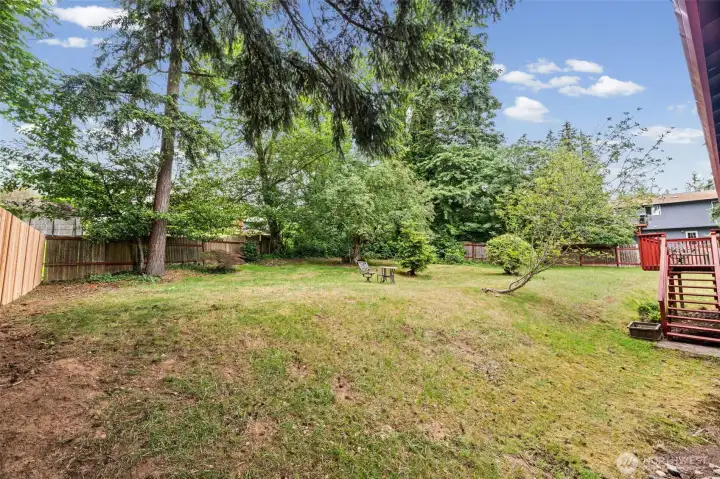 Spacious back yard has a gentle slope