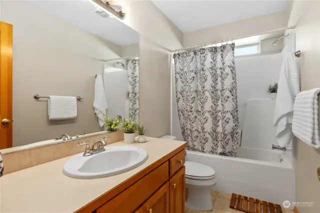 Main level hall bath has an oversized vanity and window over the shower for extra light.  No showering in the dark here.