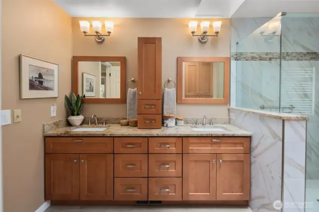 Updated primary bath with custom cabinet