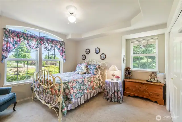 Bedroom on main floor with spacious closet and coffered ceiling! Fully wood wrapped windows.  Attention to details in every room of this home.