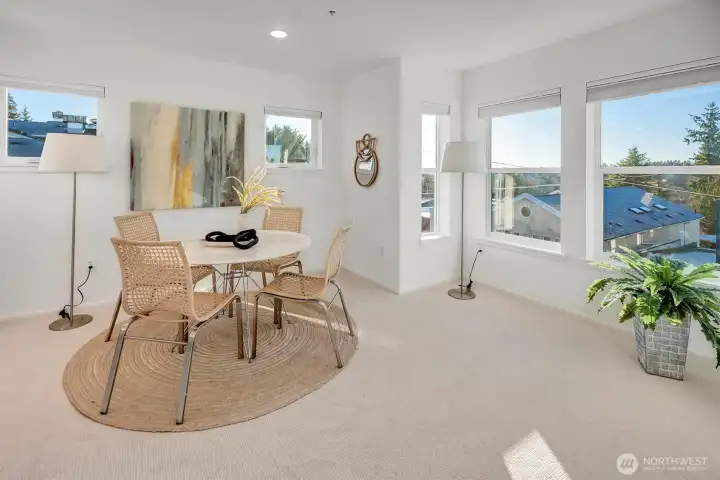 Beautiful sunlit room with big windows.