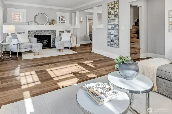 Wood burning fireplace in living room