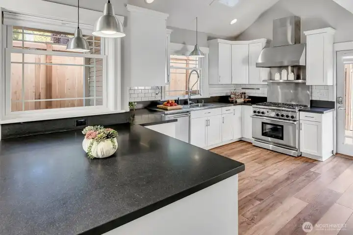 Open kitchen with ample storage and top grade appliances