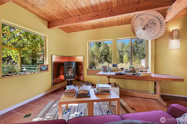 Modern European style fireplace with copper surround in living room