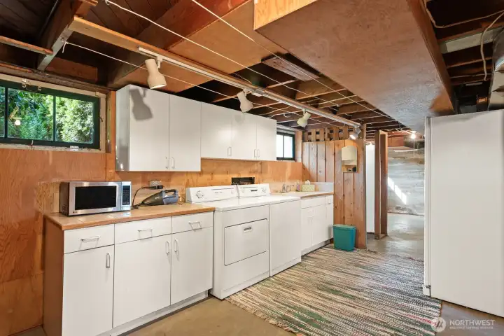 Basement with tons of built in storage and laundry area with folding counter & roughed in shower