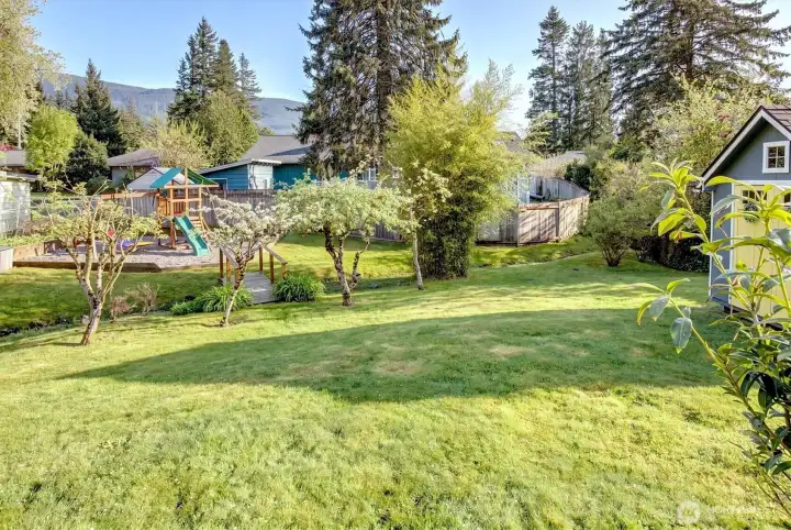 Backyard playset stays with Property!  Fruit trees, bridge and creek! Mountain views daily!