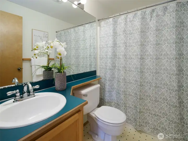 Colorful details in the hall bath.