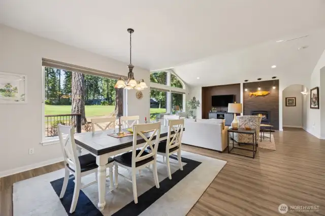 A large dining area adjacent to the patio and deck, great for entertaining.