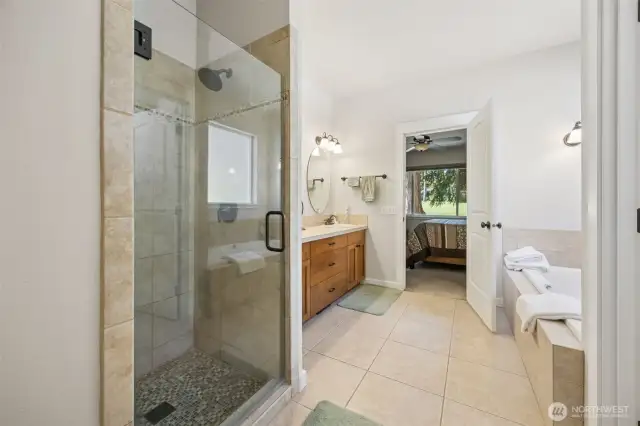 Tiled shower.