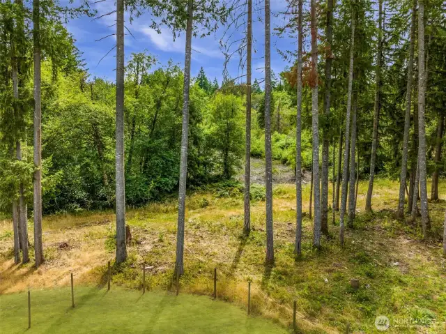 Wooded area beyond fencing offers serene nature views.