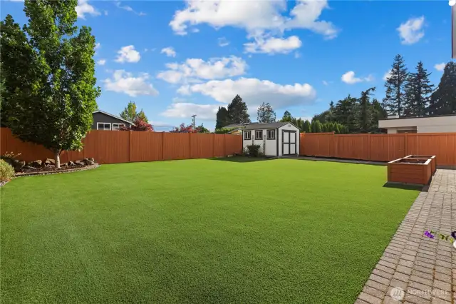 Turf backyard with perimeter drip irrigation to the planting beds and the two raised garden beds.