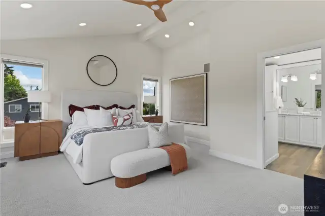 Primary bedroom and bathroom encompass the entire second floor in the home. This is a beautiful addition above the bonus room that was added when it was remodeled some time ago. Great morning sunshine in this room and afternoon southerly light.
