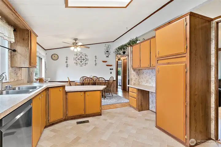 Kitchen open to dining and living areas