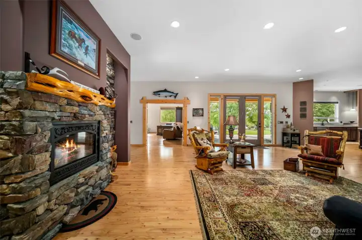 One of several fireplaces, inside and outside.