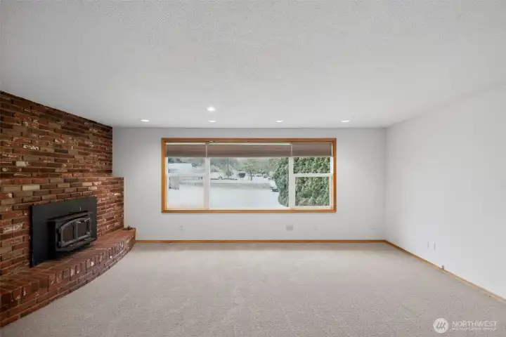 living room and wood fireplace