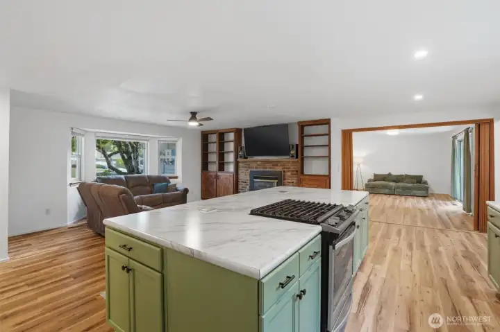 You get the great room feel with access to the living room, family room and kitchen.