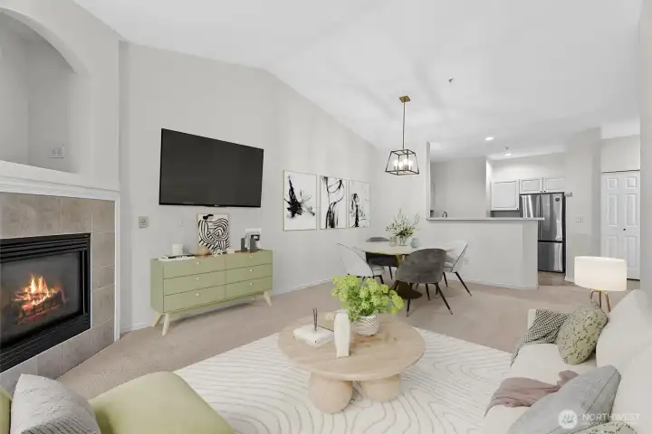 Living space with vaulted ceiling, virtually staged Living space with vaulted ceiling, virtually staged