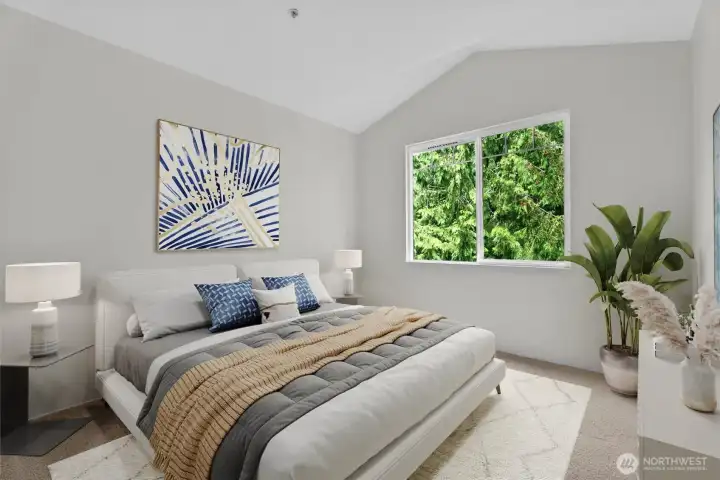 Primary bedroom with vaulted ceiling, virtually staged Primary bedroom with vaulted ceiling, virtually staged
