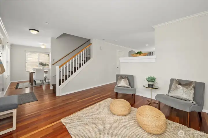 upon entry you have a formal living room to the right a formal dining area to the left