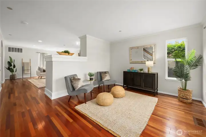 upon entry you have a formal living room to the right a formal dining area to the left