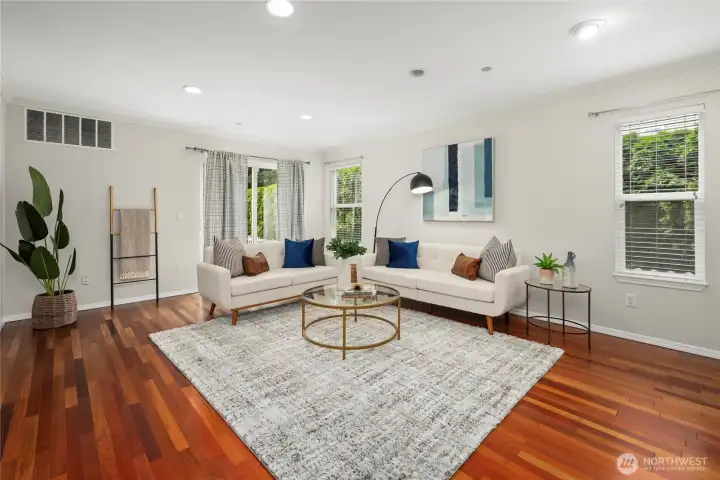 straight back you have the main family room with fire place