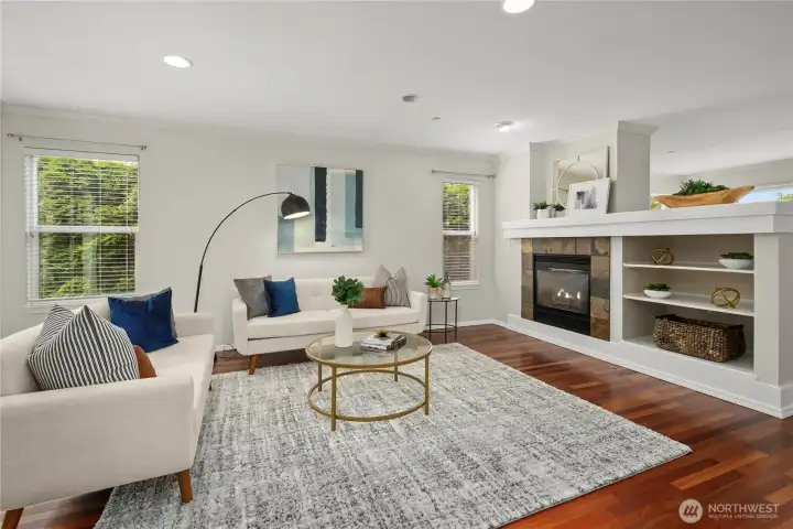 straight back you have the main family room with fire place