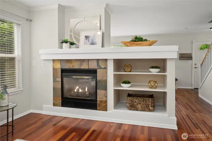 straight back you have the main family room with fire place