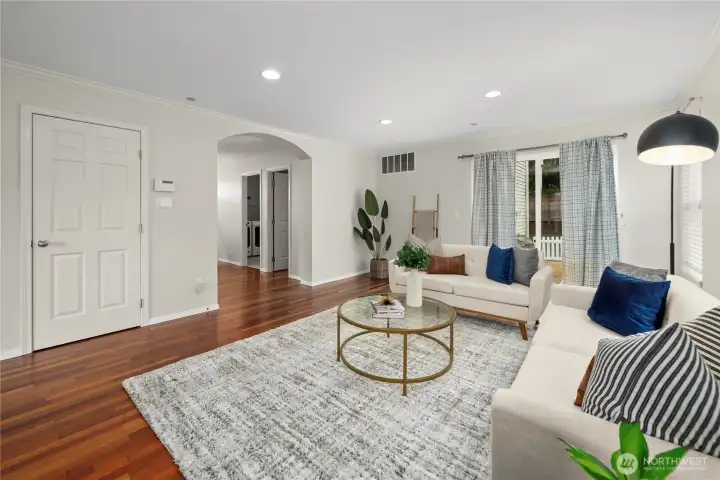 straight back you have the main family room with fire place