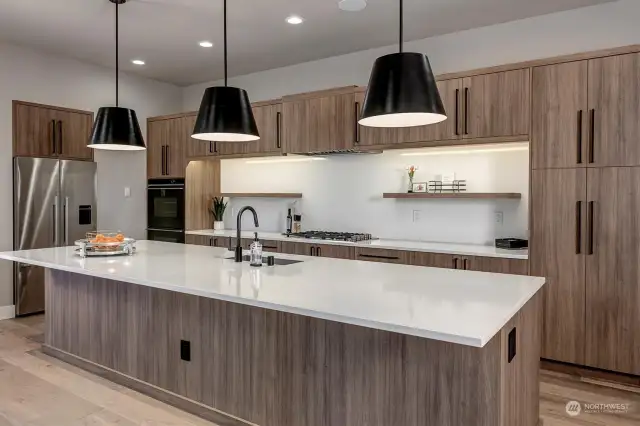 Chef's kitchen featuring commercial appliances, modern floating shelves, and a full-height backsplash/counter made of quartz.