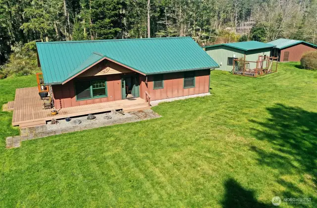 Aerial with Shop and garage on the right