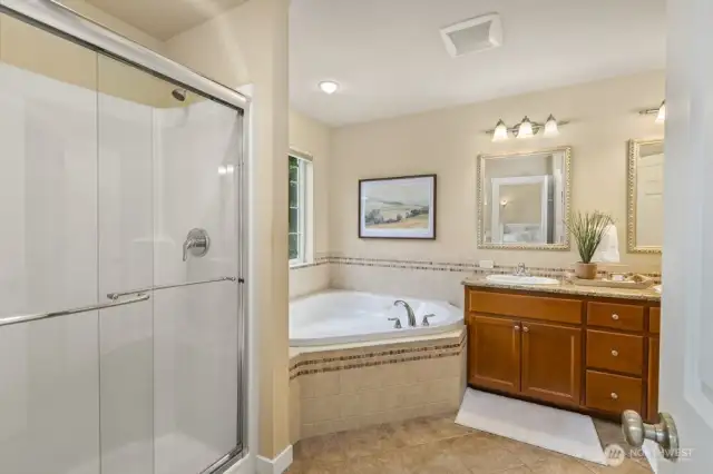 Shower plus soaking tub in the primary bath.