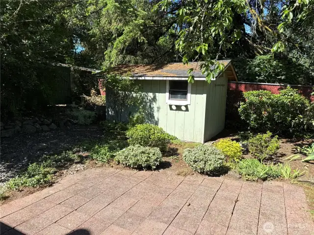 Storage shed in backyard.