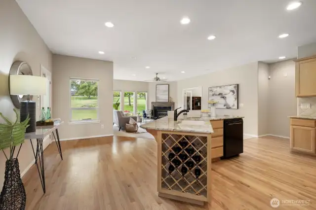 Spacious kitchen with wine rack