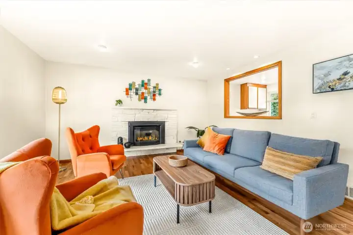 Spacious living room with gas fireplace