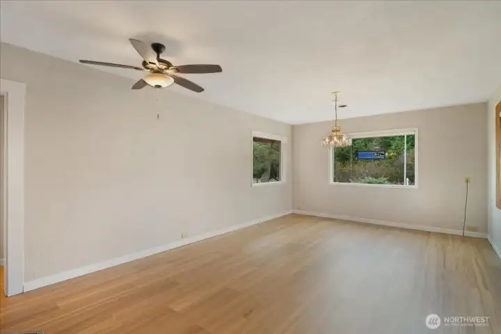 Family room with new flooring and paint