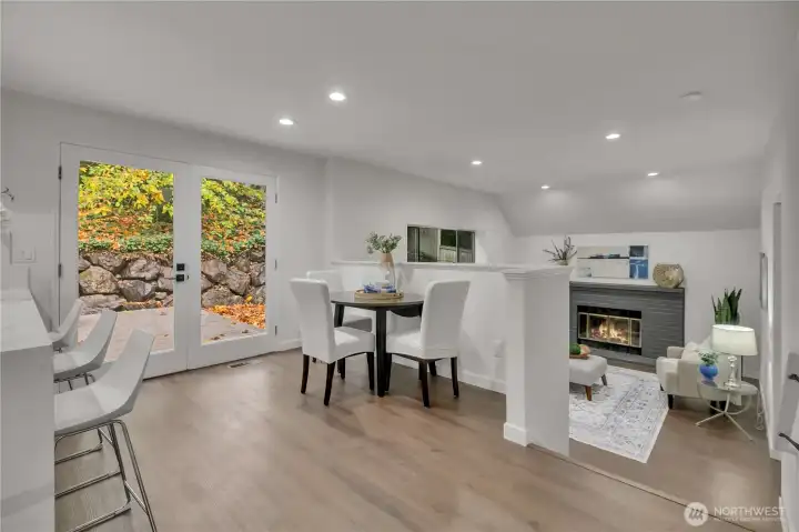 Nook area in front of French doors overlooking backyard.