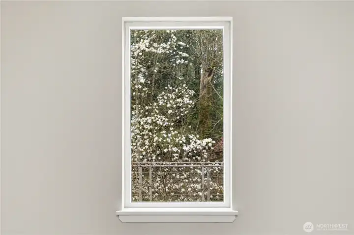 Pretty view of blooming trees and conifers from upstiars landing.