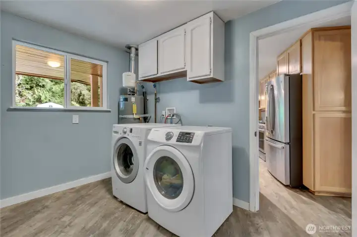 The laundry room is located off the kitchen. The washer and dryer stay for the new owner. The laundry room is located off the kitchen. The washer and dryer stay for the new owner.