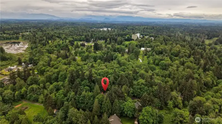 The location of the home is shown with the red marker in the foreground of this aerial view. Lake Morton is in the background. Cascades are in view at the top of photo. The location of the home is shown with the red marker in the foreground of this aerial view. Lake Morton is in the background. Cascades are in view at the top of photo.