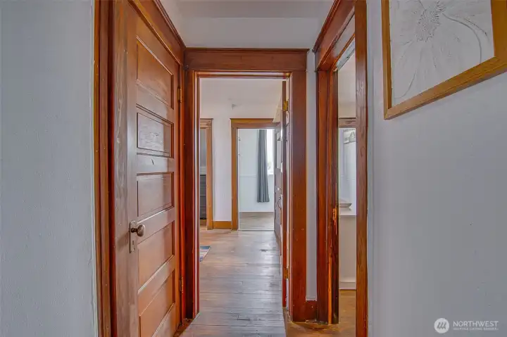 Hardwood floors and wood doors.