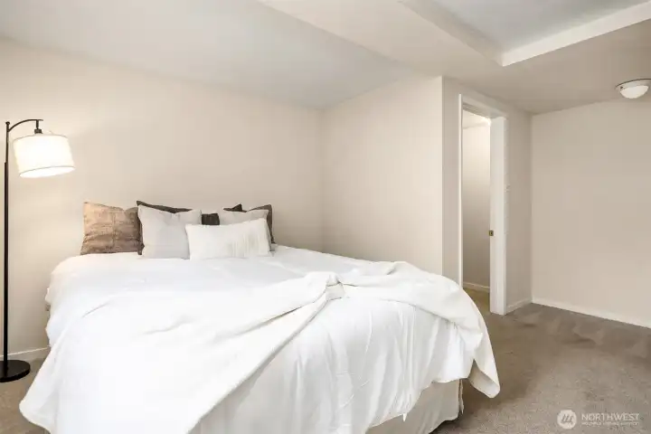 Lower level bedroom  walk-in closet and dresser/workspace nook