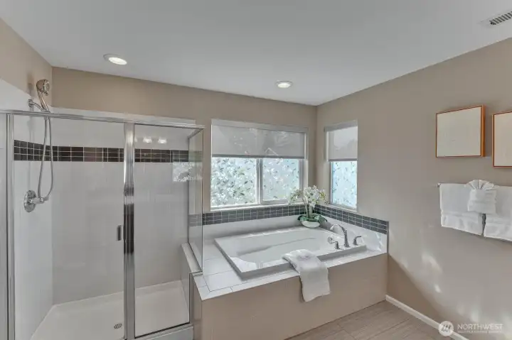 Large soaking tub and large shower. Large soaking tub and large shower.