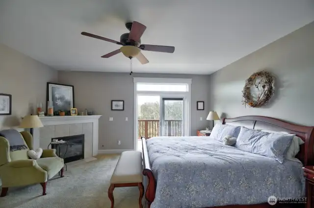 Luxurious primary suite with gas fireplace, walk in closet and deck access